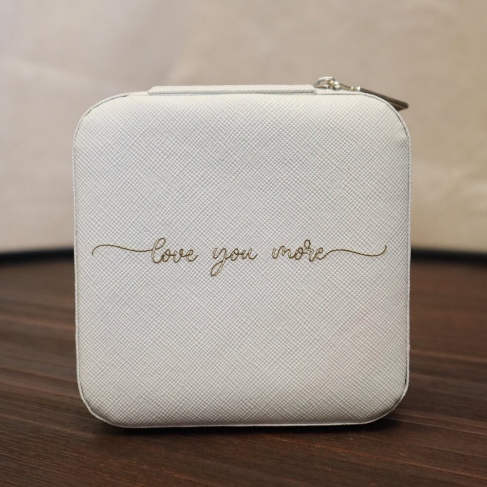 Small White Travel Jewelry Case With Mirror & "Love You More" Text